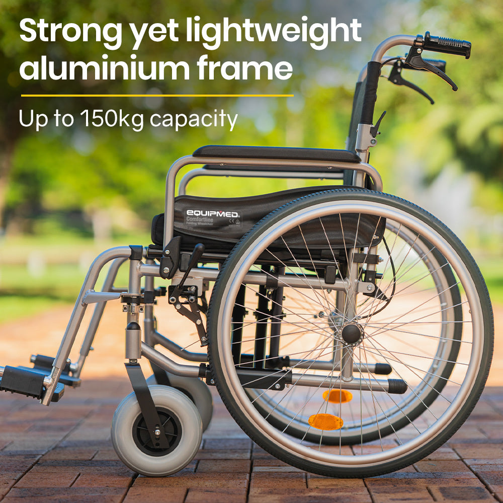 EQUIPMED Folding Wheelchair XXL Extra-Wide Bariatric Seat , Aluminium Frame, 150kg Capacity, 24 Inch Wheels, Park Brakes, Black