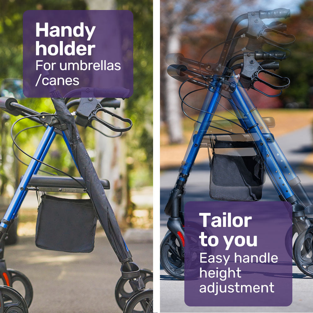 EQUIPMED 4 Wheel Lightweight Rollator Walker, Aluminium Frame, Seat, Carry Bag, for Seniors, Blue