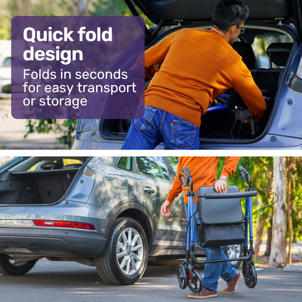 EQUIPMED 4 Wheel Lightweight Rollator Walker, Aluminium Frame, Seat, Carry Bag, for Seniors, Blue