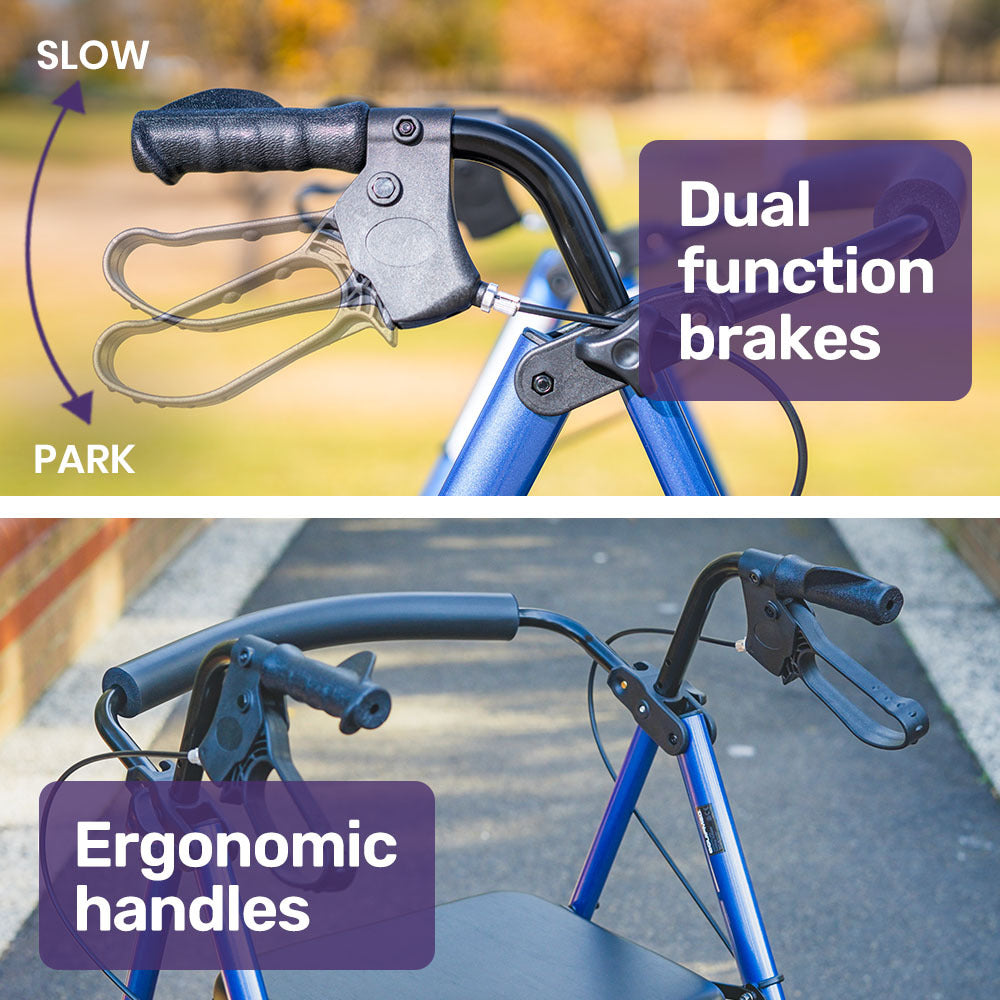 EQUIPMED 4 Wheel Lightweight Rollator Walker, Aluminium Frame, Seat, Carry Bag, for Seniors, Blue