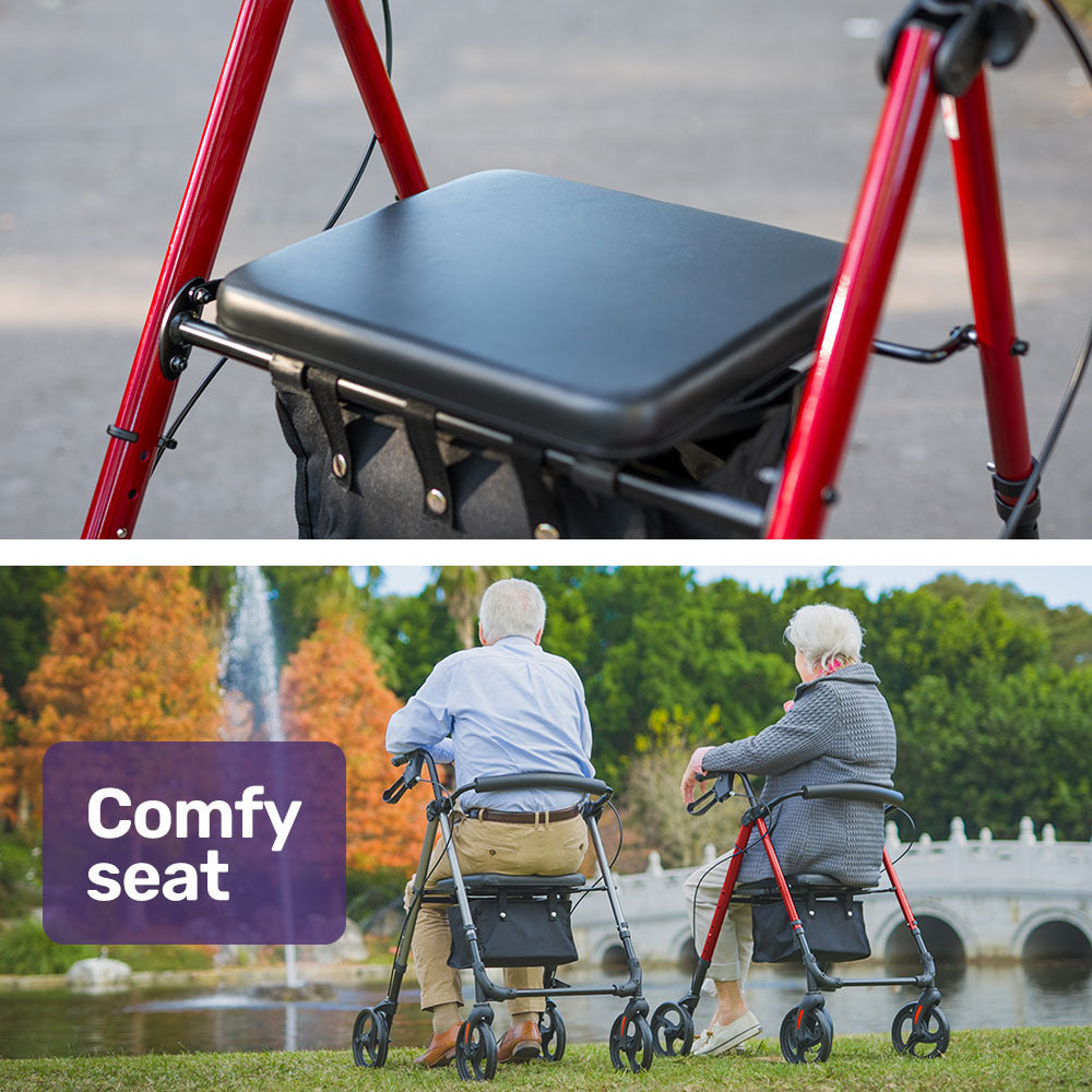 EQUIPMED 4 Wheel Lightweight Rollator Walker, Aluminium Frame, Seat, Carry Bag, for Seniors, Red