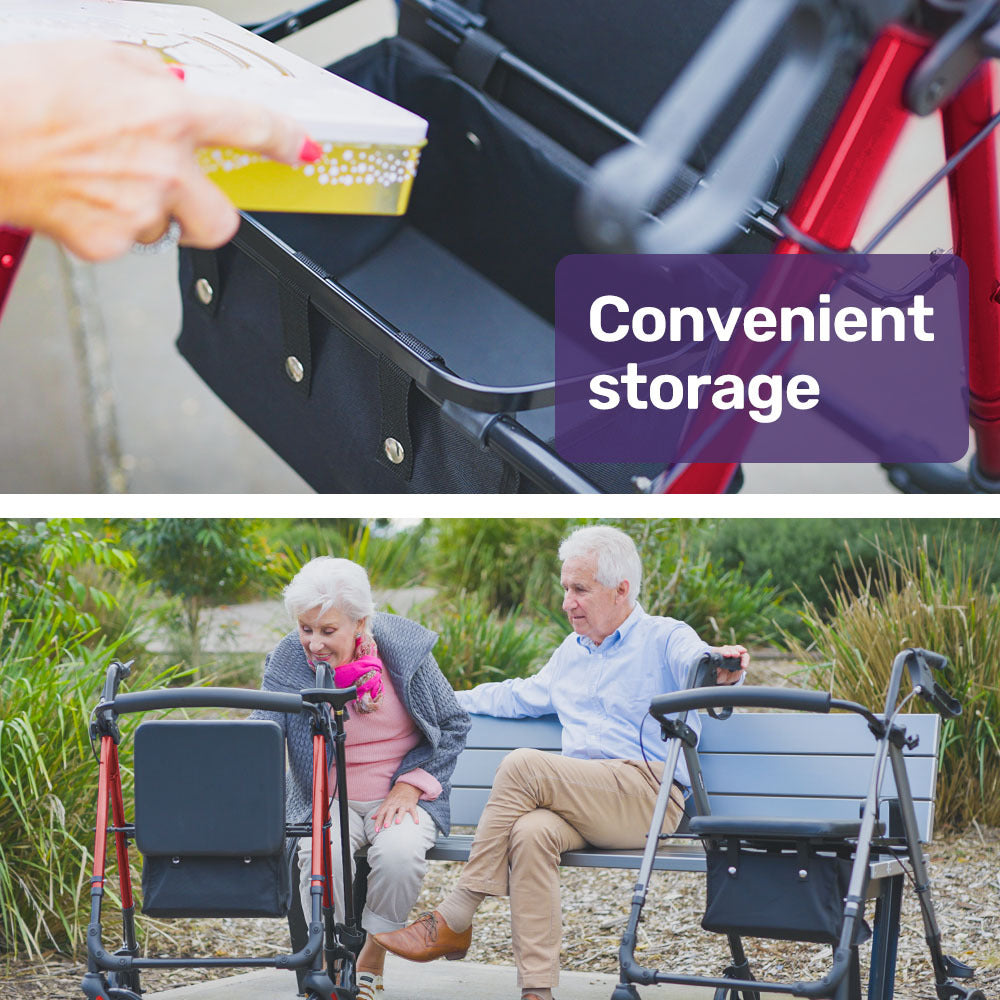 EQUIPMED 4 Wheel Lightweight Rollator Walker, Aluminium Frame, Seat, Carry Bag, for Seniors, Red