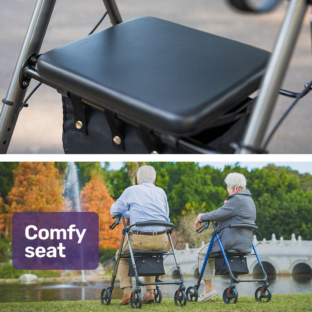 EQUIPMED 4 Wheel Lightweight Rollator Walker, Aluminium Frame, Seat, Carry Bag, for Seniors, Titanium Style