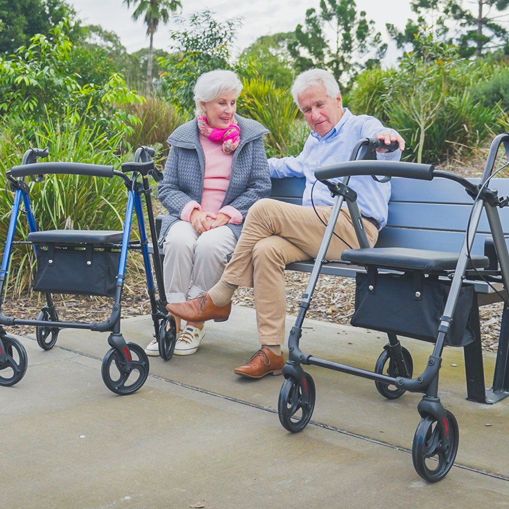 EQUIPMED 4 Wheel Lightweight Rollator Walker, Aluminium Frame, Seat, Carry Bag, for Seniors, Titanium Style