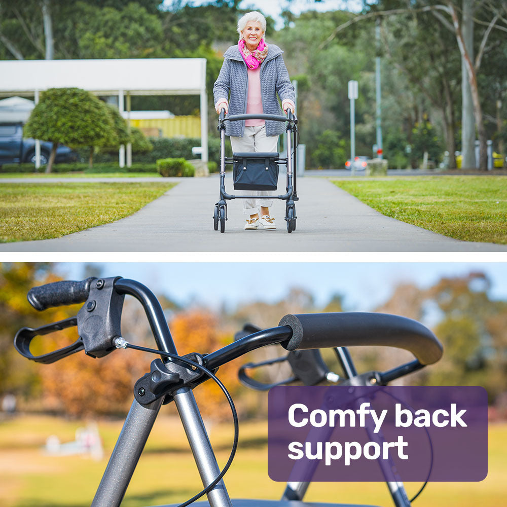 EQUIPMED 4 Wheel Lightweight Rollator Walker, Aluminium Frame, Seat, Carry Bag, for Seniors, Titanium Style