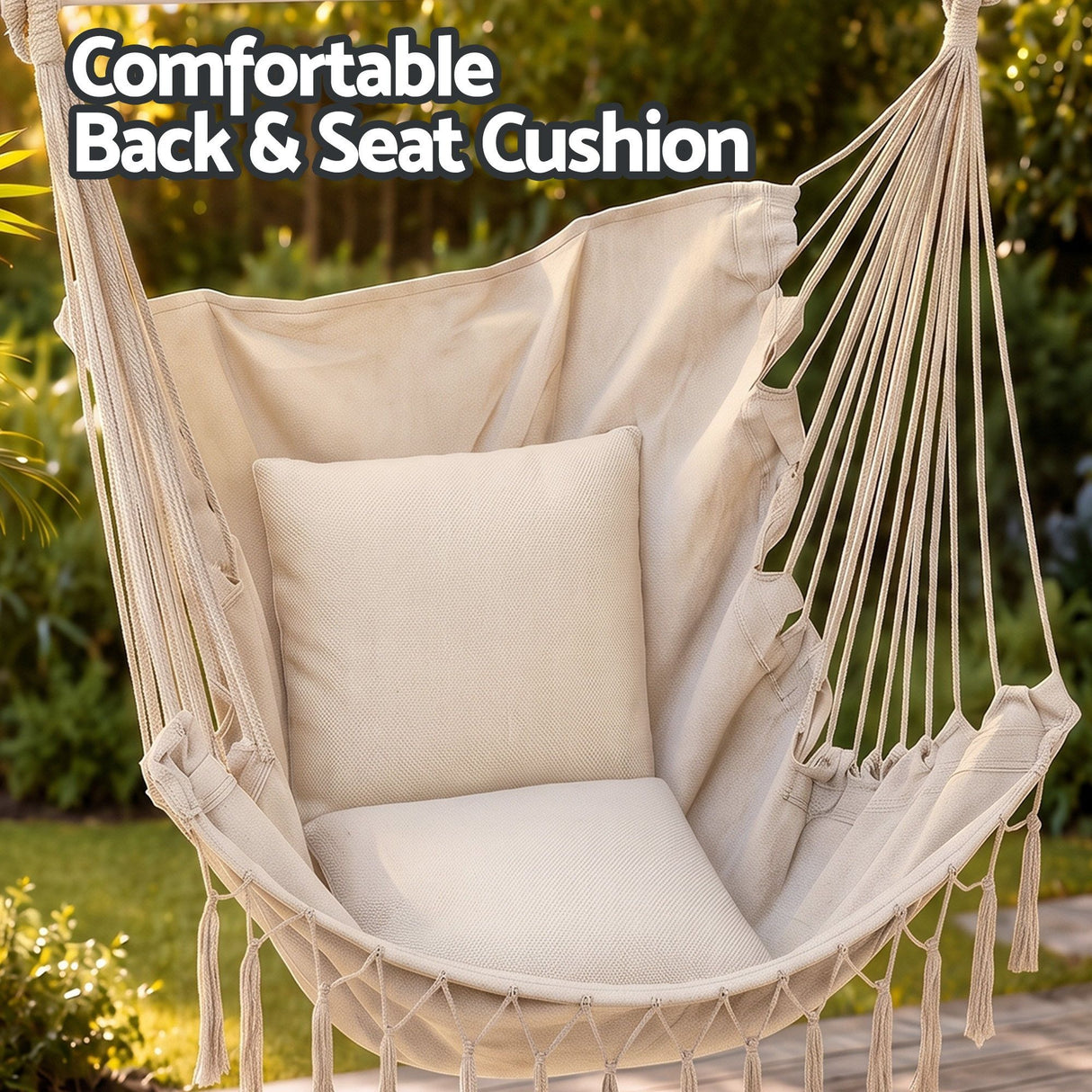 Gardeon Hammock Chair Camping Macrame Hanging Swing Cushions Metal Bar Cream