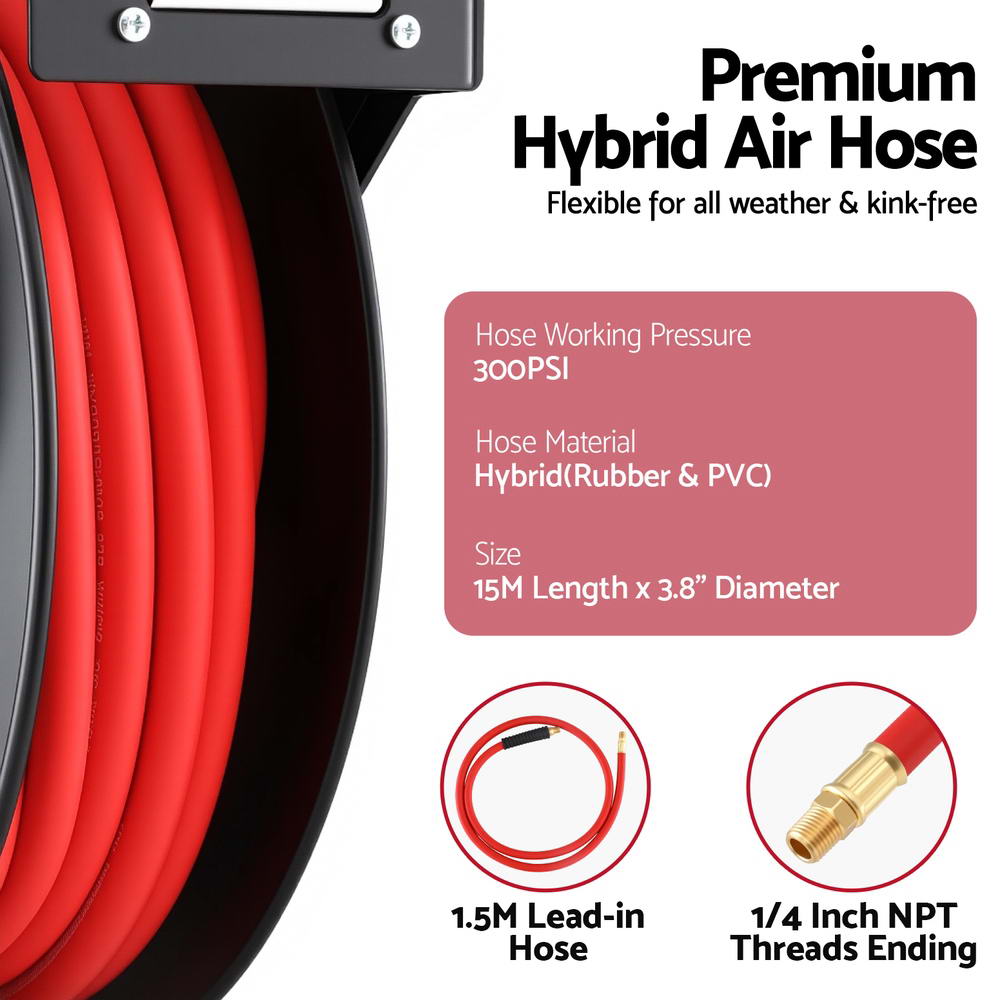 Giantz Air Hose Reel 3/8 IN x 15m Retractable Air Hose 300PSI
