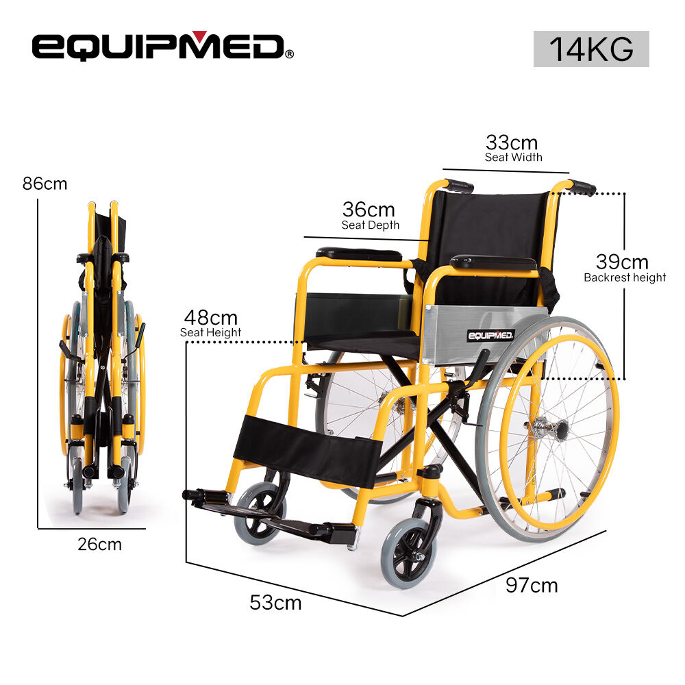 EQUIPMED Kids Paediatric Wheelchair, 100kg Rated, 110-140cm Rider Height, Quick Folding, Adjustable Footrests, 22' Wheels, Yellow