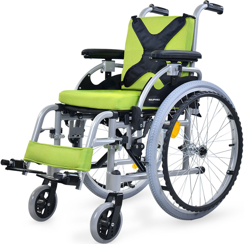 EQUIPMED Kids Premium Paediatric Wheelchair, Lightweight Aluminium, 22' Wheels, 75kg Rated, Green