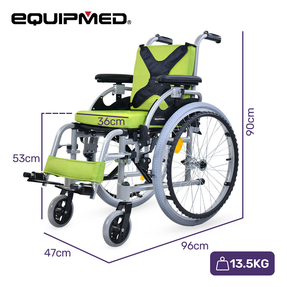 EQUIPMED Kids Premium Paediatric Wheelchair, Lightweight Aluminium, 22' Wheels, 75kg Rated, Green