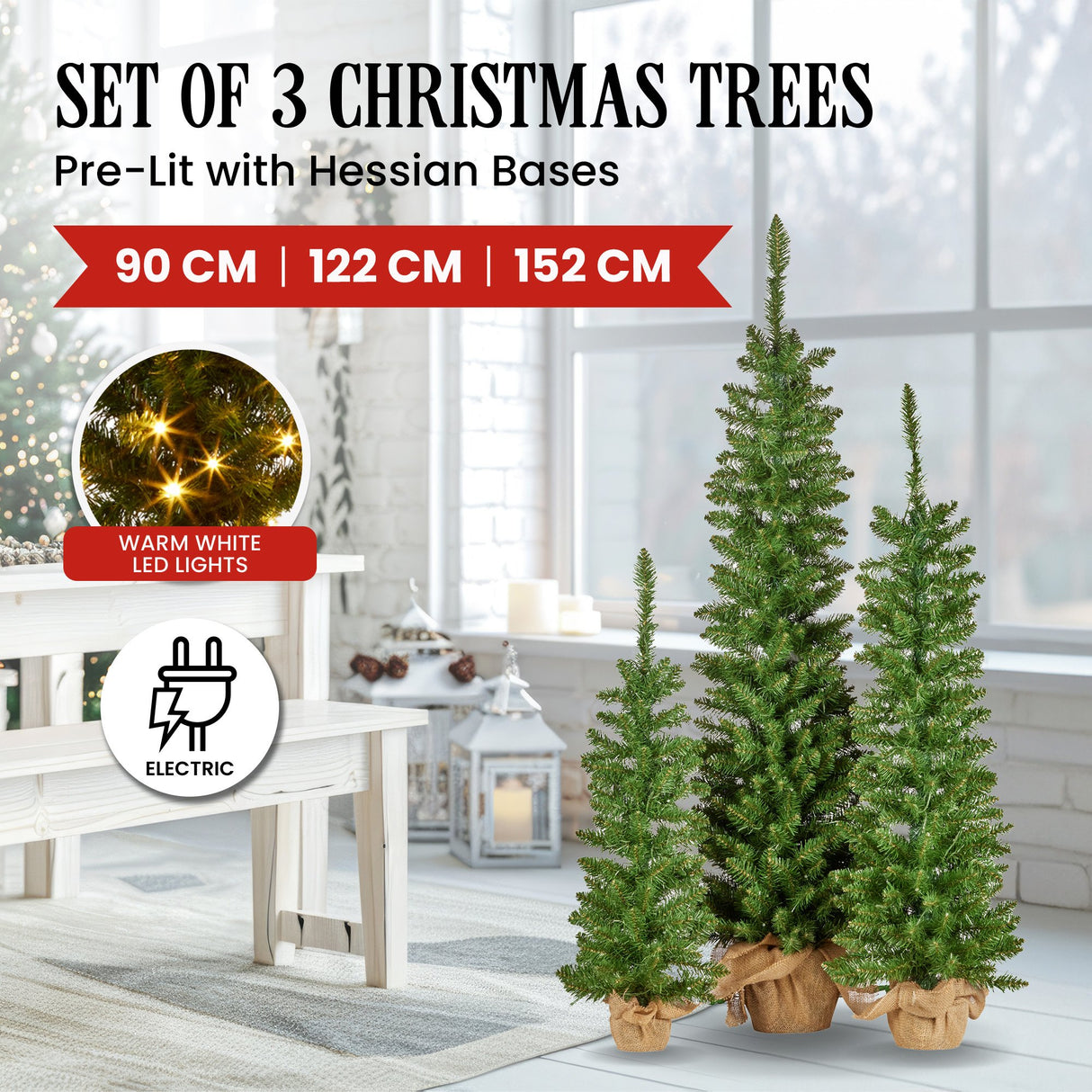 Christabelle Set of 3 Prelit Christmas Trees with Hessian Bases