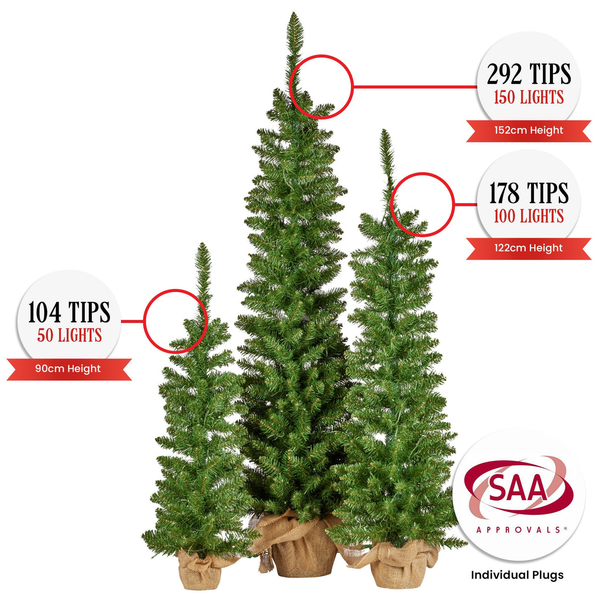 Christabelle Set of 3 Prelit Christmas Trees with Hessian Bases