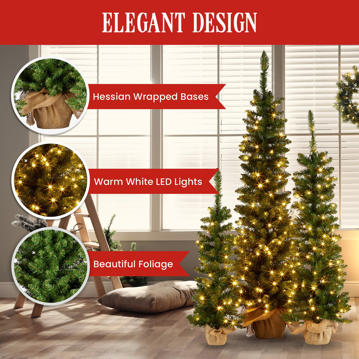 Christabelle Set of 3 Prelit Christmas Trees with Hessian Bases