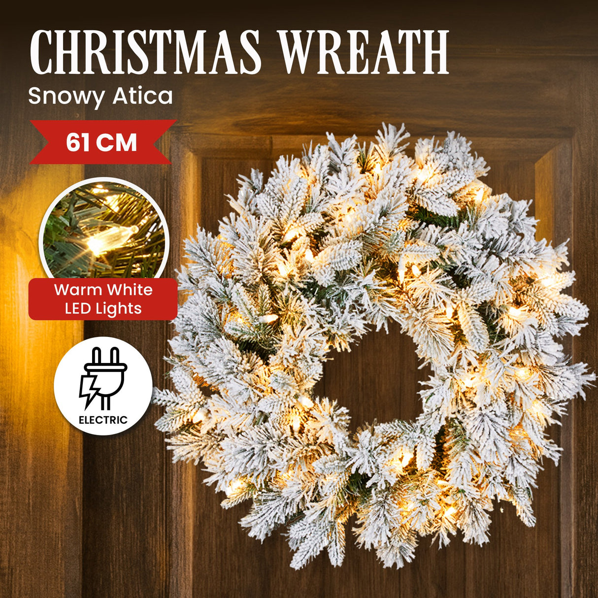 Christabelle Snowy Atica Pre-Lit Christmas Wreath - 61cm