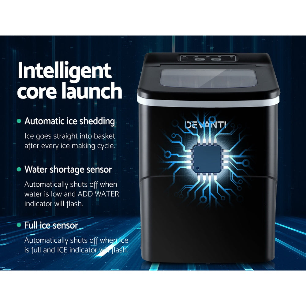 DEVANTi Compact Ice Cube Maker Machine - Quick & Easy 2L Portable Bar Ice Maker in Black