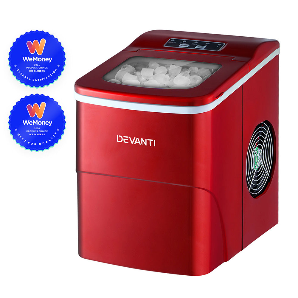 DEVANTi Quick-Freeze Portable Ice Maker - 2L Countertop Ice Cube Generator in Red