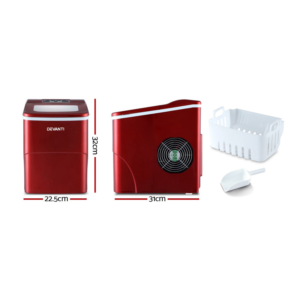 DEVANTi Quick-Freeze Portable Ice Maker - 2L Countertop Ice Cube Generator in Red