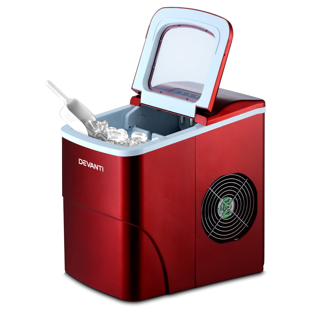 DEVANTi Quick-Freeze Portable Ice Maker - 2L Countertop Ice Cube Generator in Red
