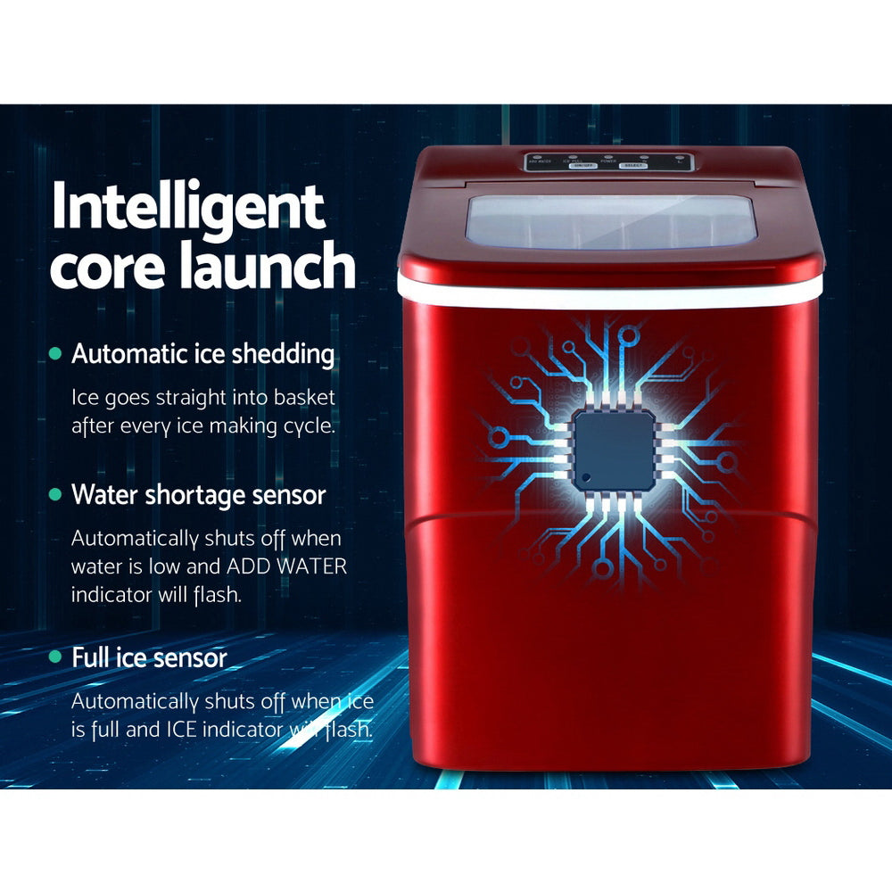 DEVANTi Quick-Freeze Portable Ice Maker - 2L Countertop Ice Cube Generator in Red