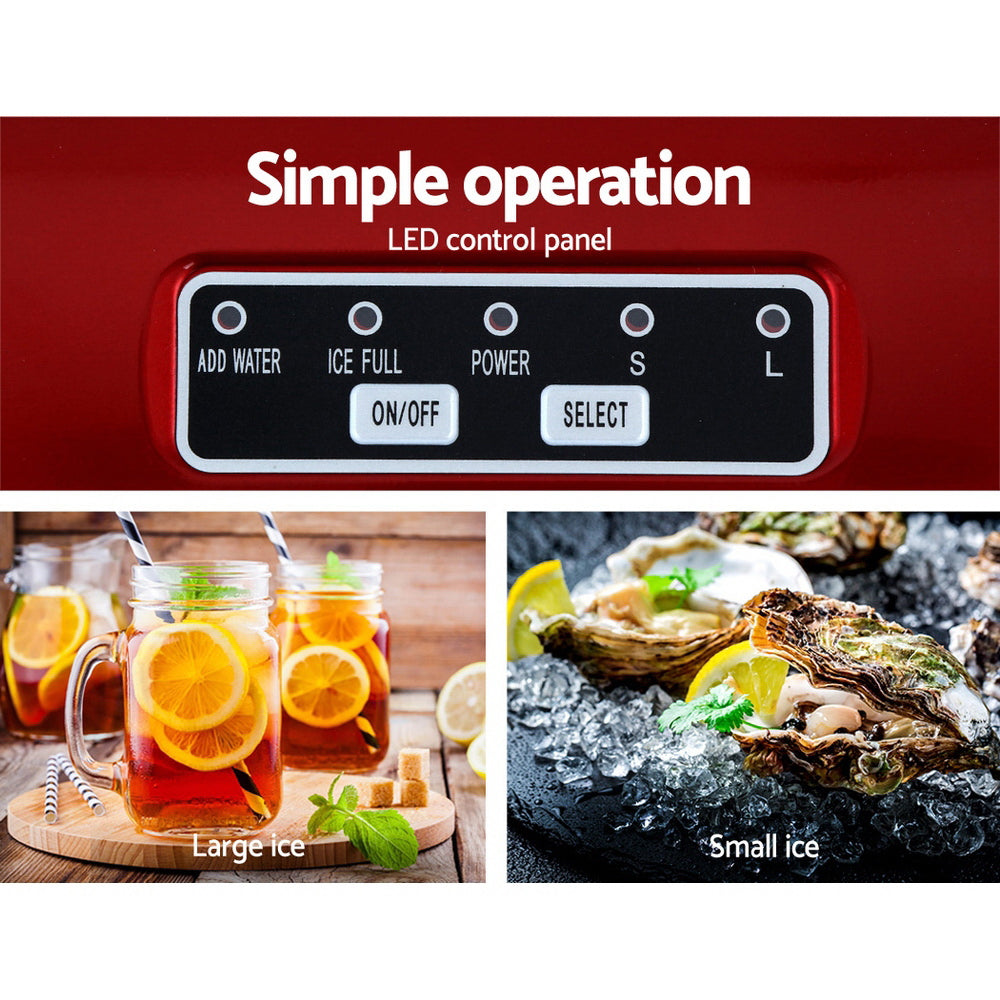 DEVANTi Quick-Freeze Portable Ice Maker - 2L Countertop Ice Cube Generator in Red