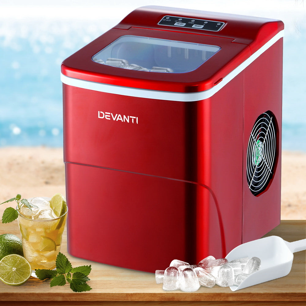 DEVANTi Quick-Freeze Portable Ice Maker - 2L Countertop Ice Cube Generator in Red