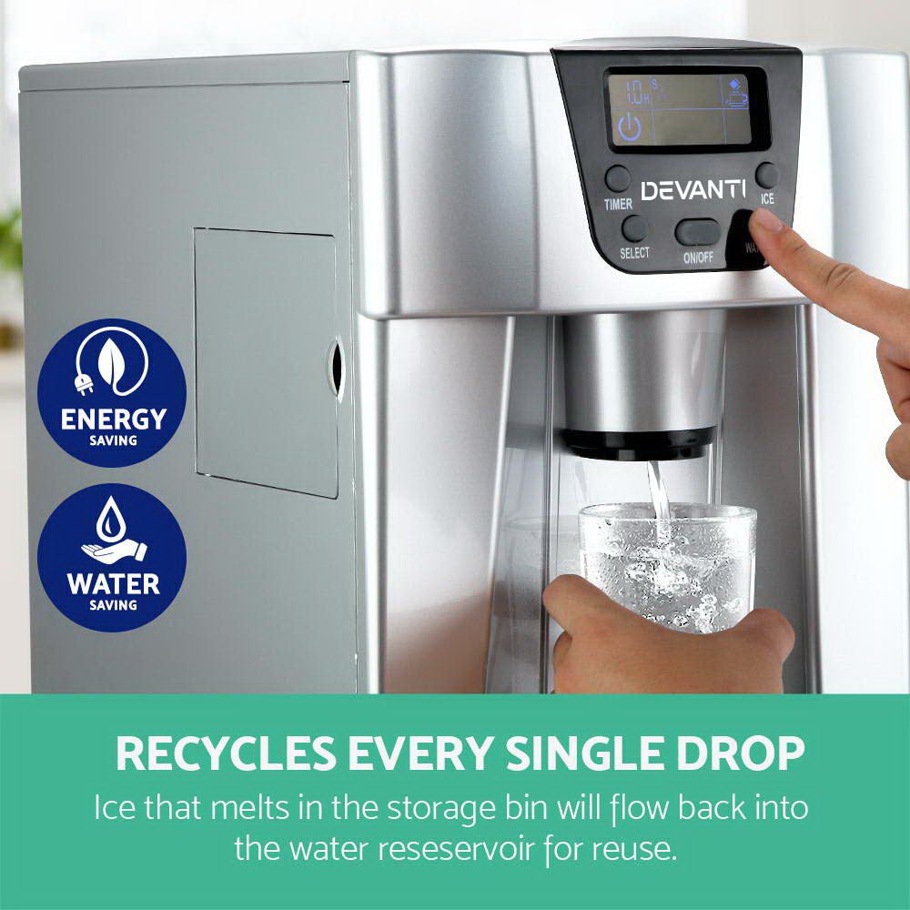 Devanti 2-in-1 Compact Ice Maker and Water Dispenser - Silver