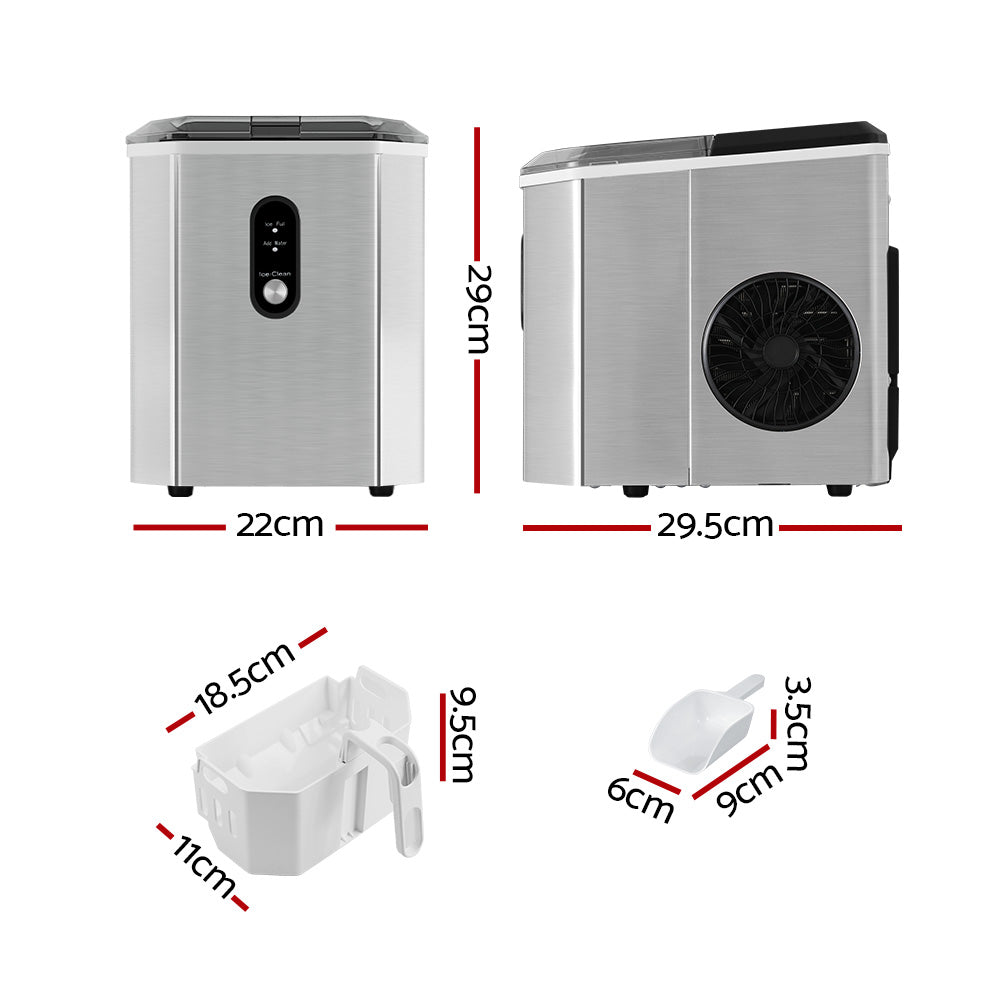 Devanti Stainless Steel Countertop Ice Maker Machine - Portable Ice Cube Maker Producing 12kg Daily