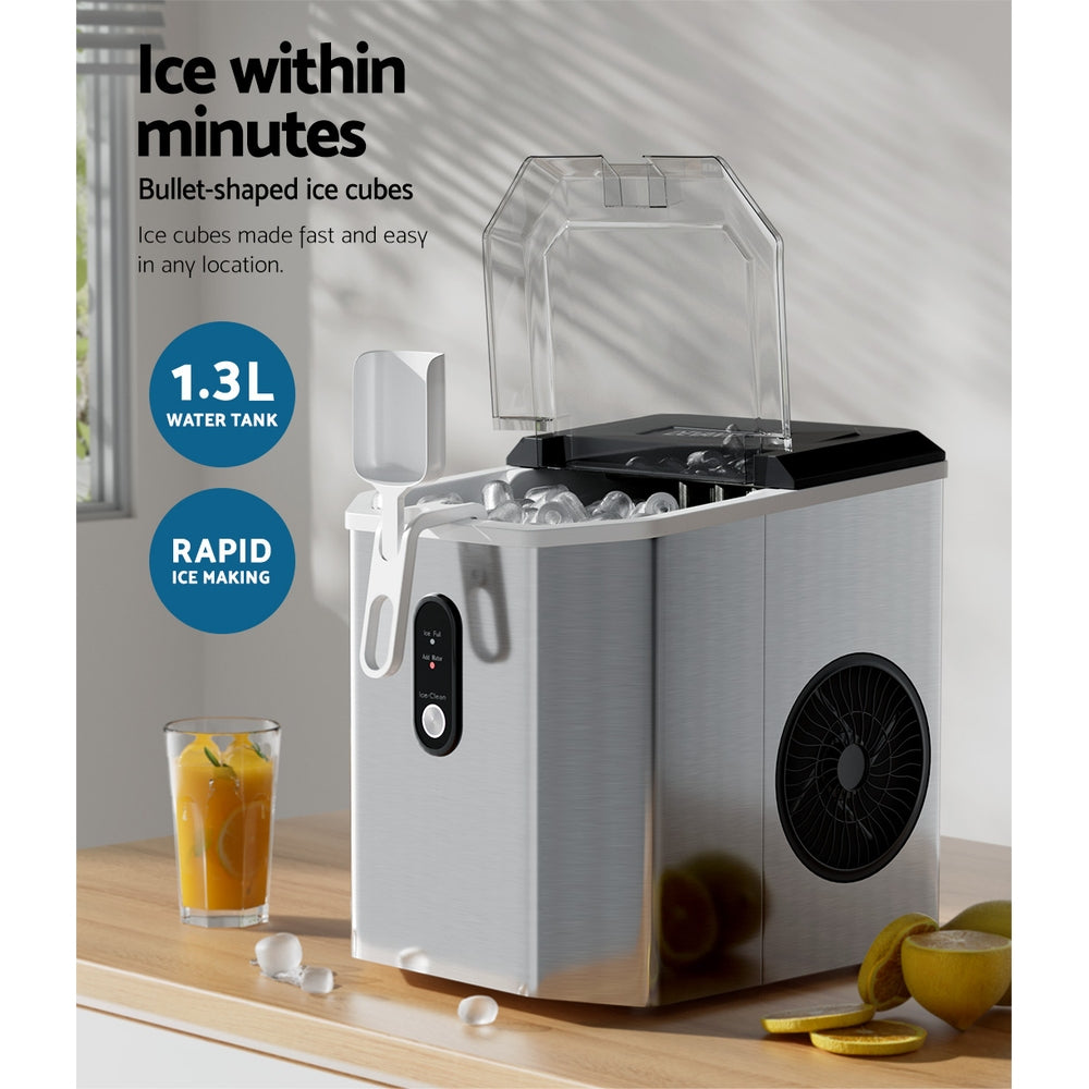 Devanti Stainless Steel Countertop Ice Maker Machine - Portable Ice Cube Maker Producing 12kg Daily