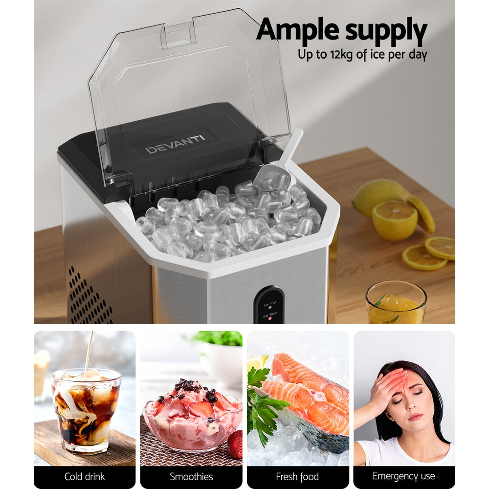 Devanti Stainless Steel Countertop Ice Maker Machine - Portable Ice Cube Maker Producing 12kg Daily
