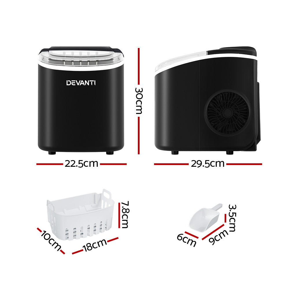 Devanti Compact Countertop Ice Maker - 12kg Daily Production, Black