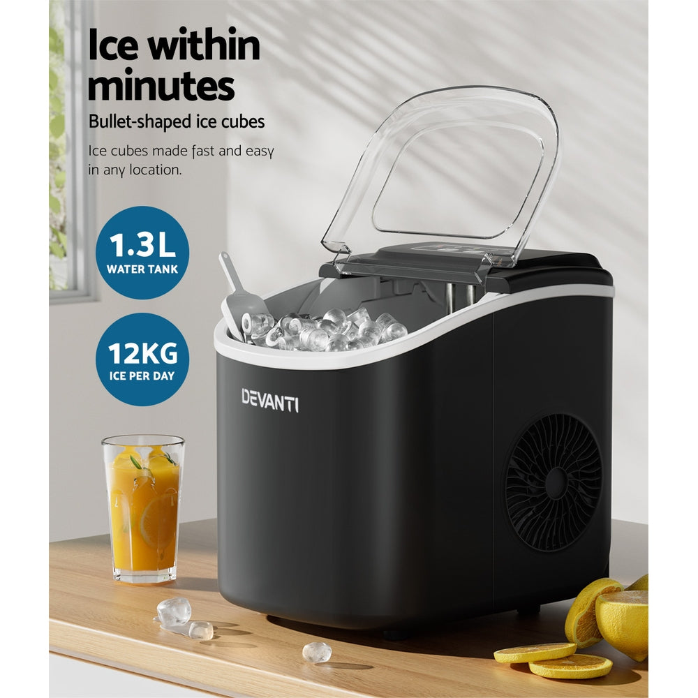 Devanti Compact Countertop Ice Maker - 12kg Daily Production, Black