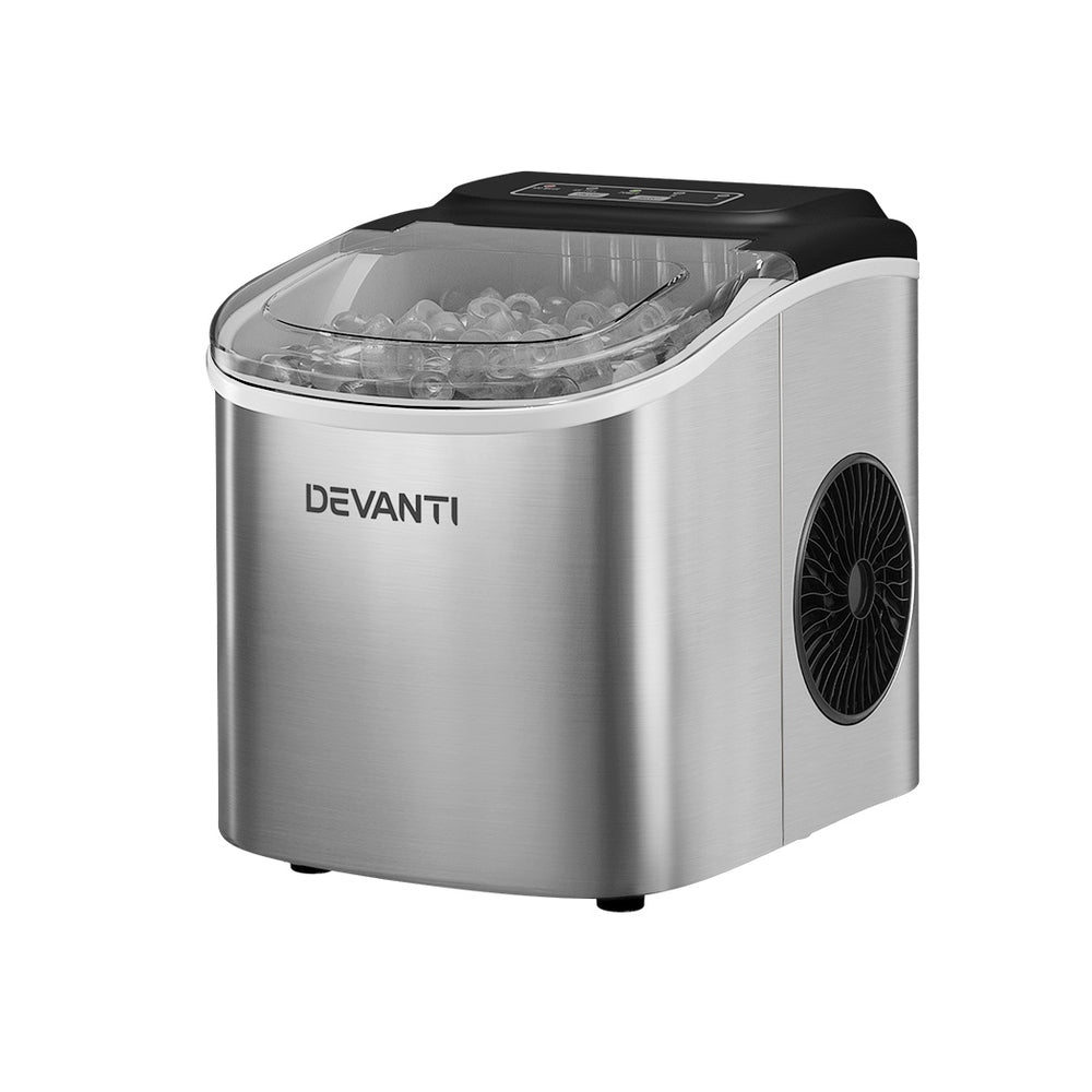 Devanti 12kg Compact Silver Ice Maker with Self-Cleaning Feature