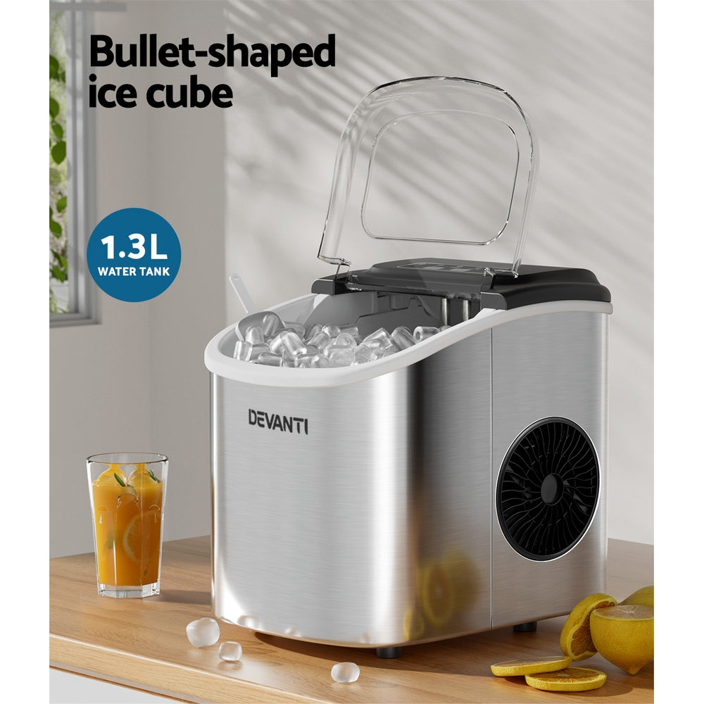 Devanti 12kg Compact Silver Ice Maker with Self-Cleaning Feature