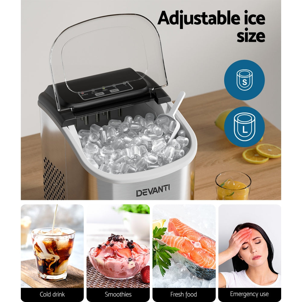 Devanti 12kg Compact Silver Ice Maker with Self-Cleaning Feature