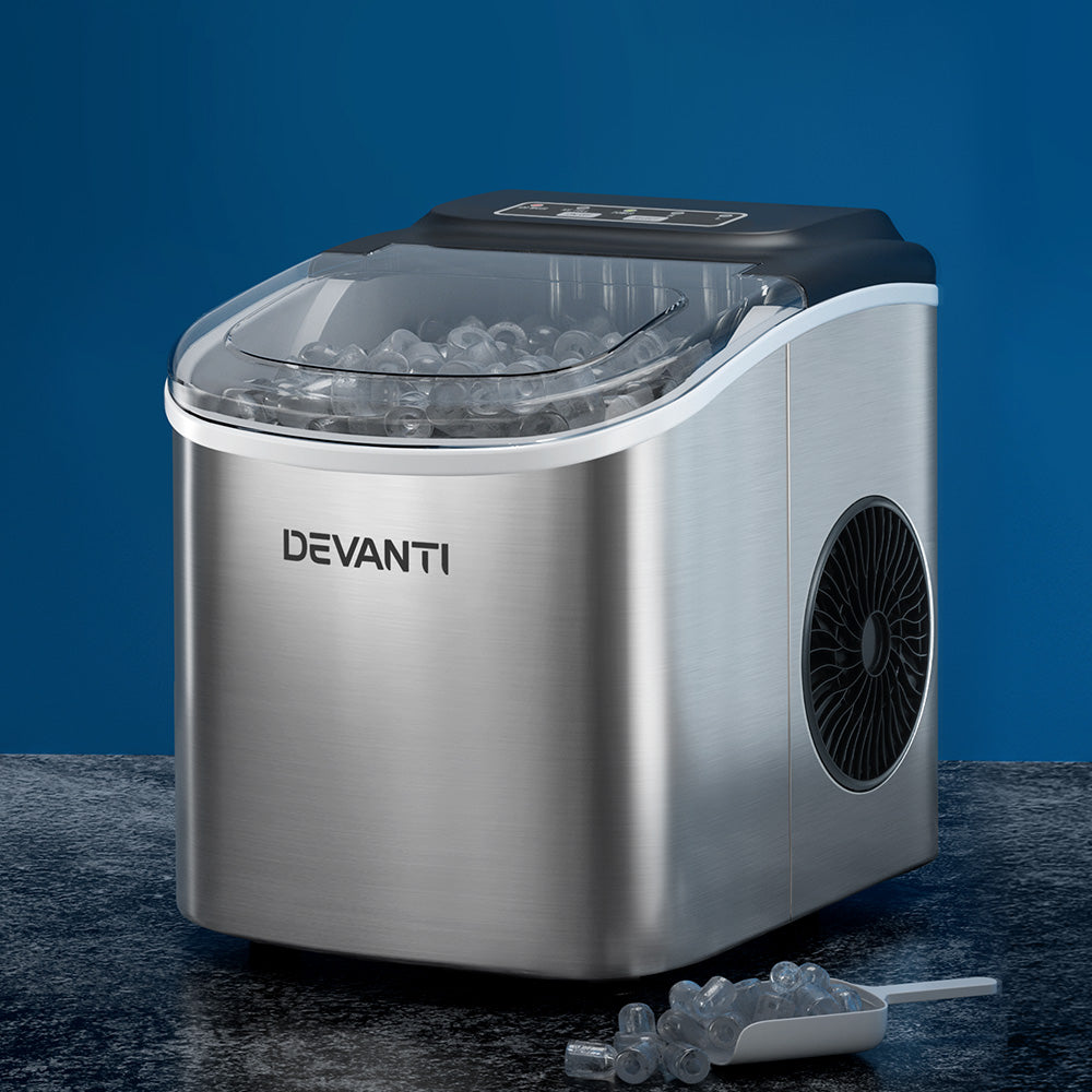 Devanti 12kg Compact Silver Ice Maker with Self-Cleaning Feature