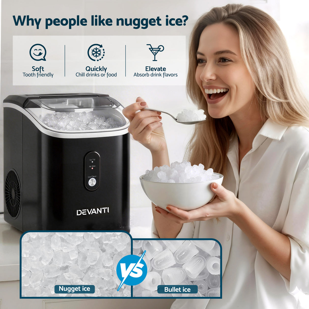 Compact Nugget Ice Maker Machine - 15kg Daily Capacity