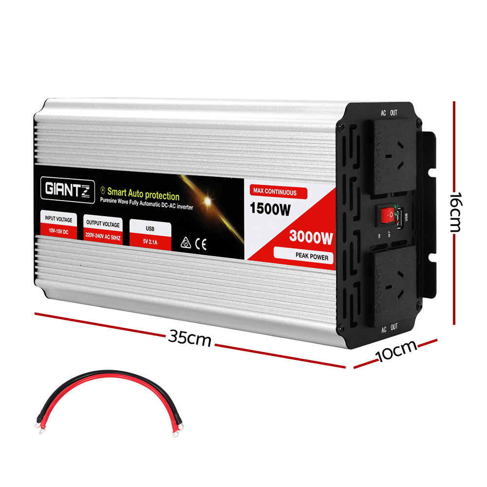 Giantz 1500W Pure Sine Wave Inverter for 12V Battery High Efficiency DC-AC Power Converter