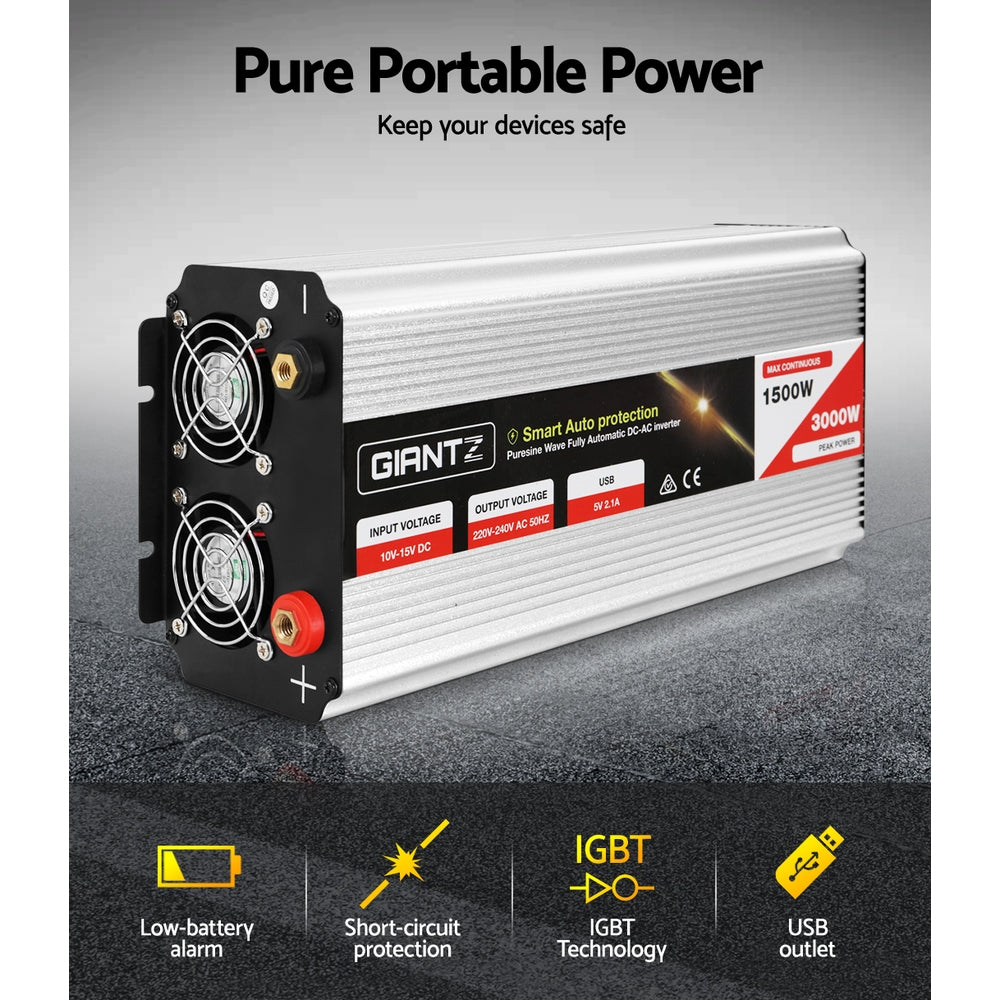 Giantz 1500W Pure Sine Wave Inverter for 12V Battery High Efficiency DC-AC Power Converter