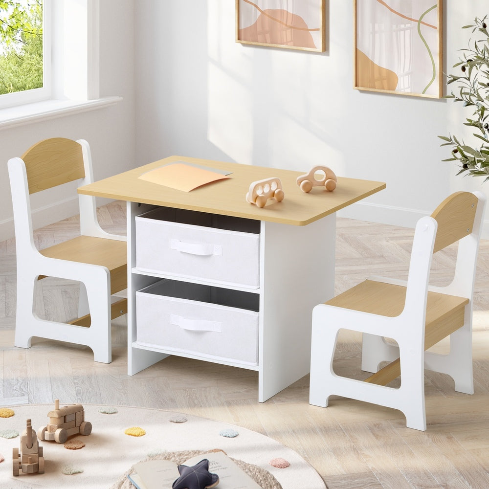 Oikiture Kids Table and Chair Set with Storage Bins Wooden & White