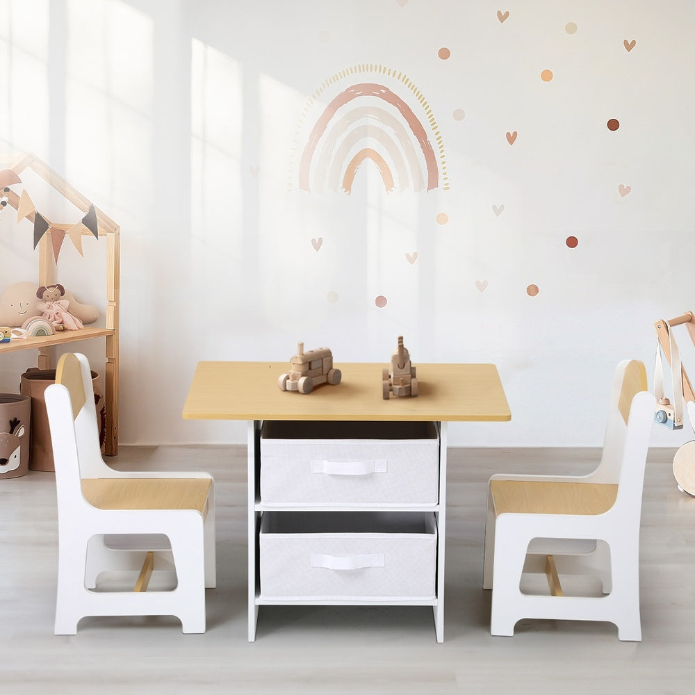 Oikiture Kids Table and Chair Set with Storage Bins Wooden & White