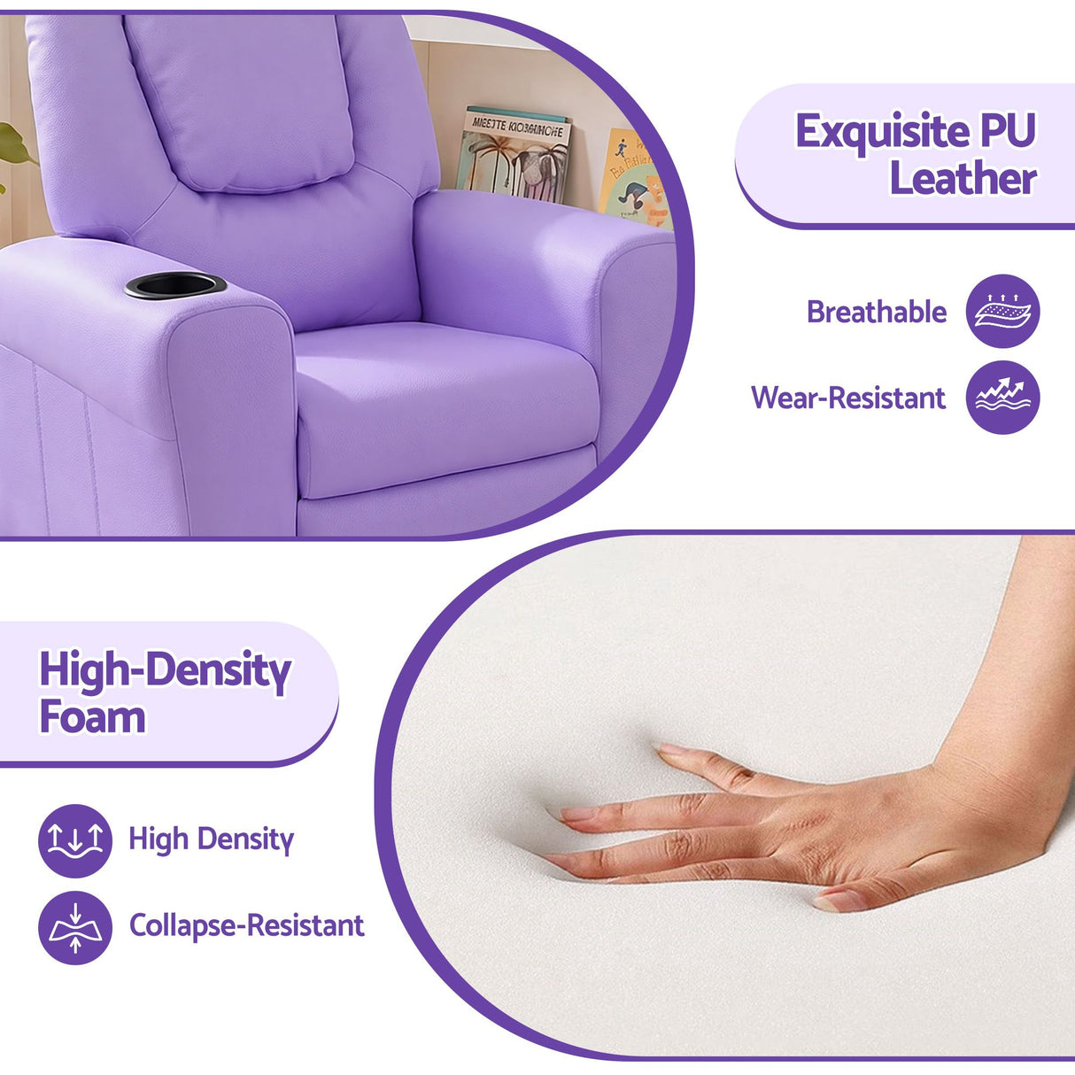 Keezi Kids Recliner Chair Purple PU Leather Sofa Lounge Couch Children Armchair