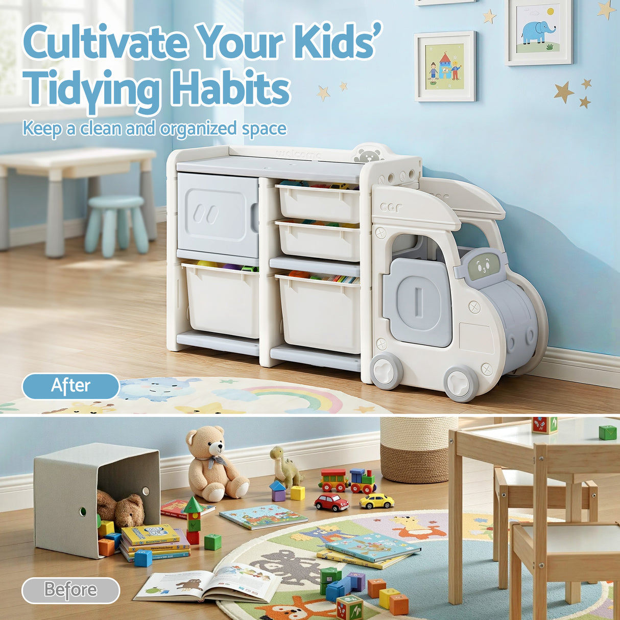 Keezi Toy Storage Organizer with 4 Storage Bins and Cabinet, Bookcase Kids Toys Box, Toy Storage for Kids Room, Playroom, Bedroom, Nursery, Car Shaped