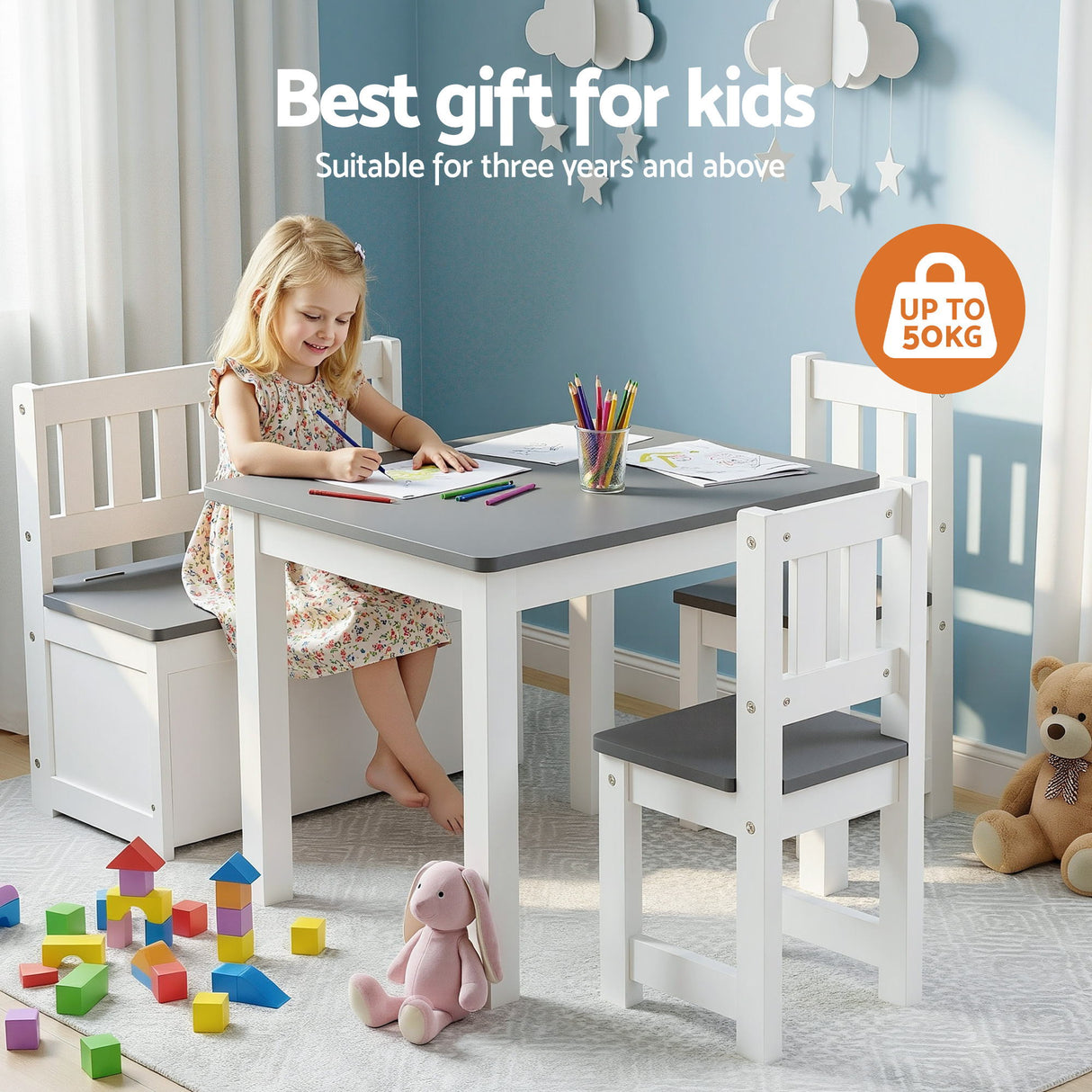 Keezi 2 in 1 Kids Table and Chair Set, Activity Table with Storage Bench and 2 Chairs for Reading, Drawing, Writing, Snack Time & Arts Crafts, 4 PCS