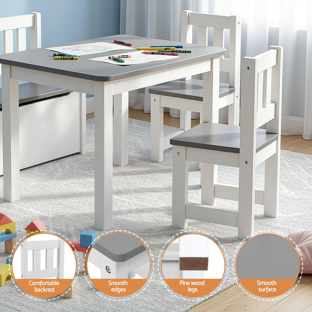 Keezi 2 in 1 Kids Table and Chair Set, Activity Table with Storage Bench and 2 Chairs for Reading, Drawing, Writing, Snack Time & Arts Crafts, 4 PCS Toddler Table and Chair Set, Grey