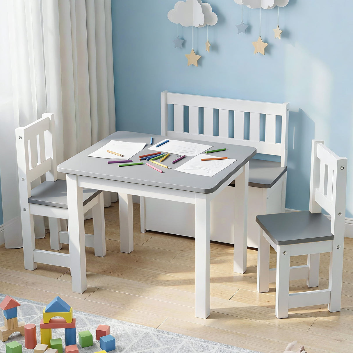 Keezi 2 in 1 Kids Table and Chair Set, Activity Table with Storage Bench and 2 Chairs for Reading, Drawing, Writing, Snack Time & Arts Crafts, 4 PCS Toddler Table and Chair Set, Grey