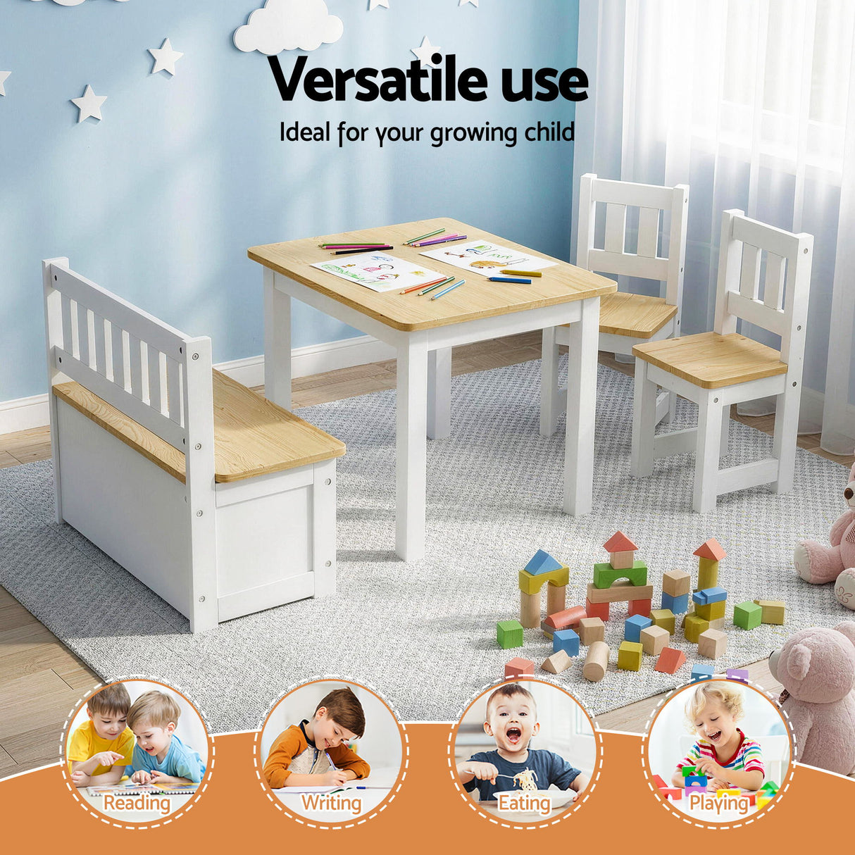 Keezi 2 in 1 Kids Table and Chair Set, Activity Table with Storage Bench and 2 Chairs for Reading, Drawing, Writing, Snack Time & Arts Crafts, 4 PCS