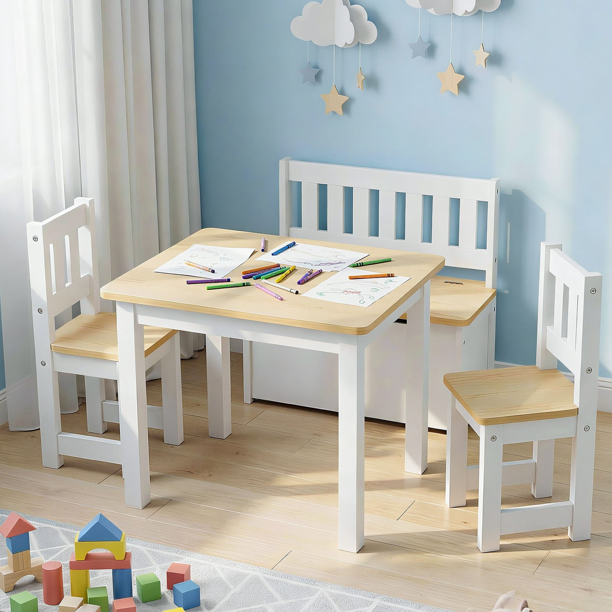 Keezi 2 in 1 Kids Table and Chair Set, Activity Table with Storage Bench and 2 Chairs for Reading, Drawing, Writing, Snack Time & Arts Crafts, 4 PCS Toddler Table and Chair Set, Natural
