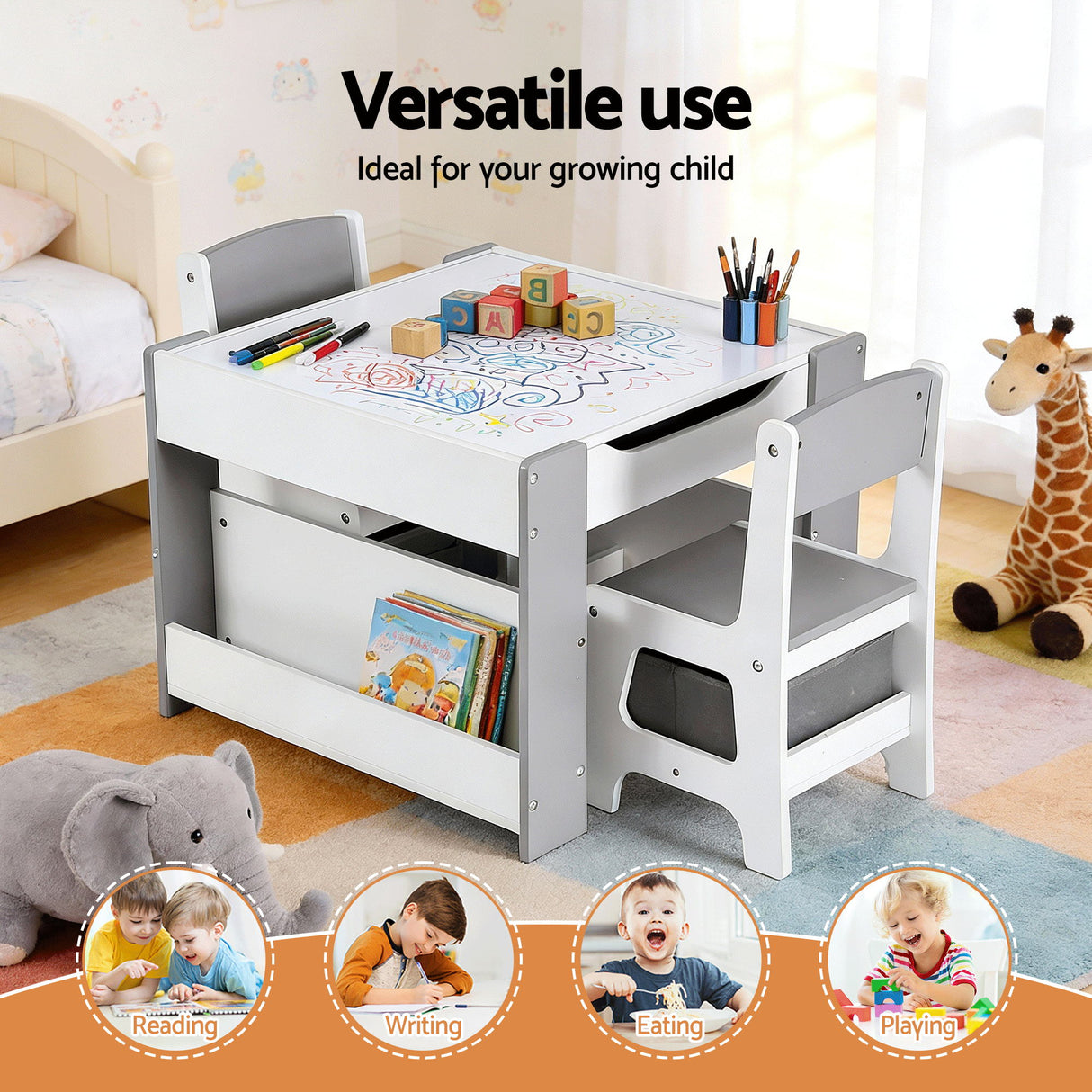 Keezi Kids Table and Chair Set, 4 in 1 Wooden Activity Table with Bookcase, Storage Box and Detachable Blackboard, Toddler Table and 2 Chairs Set,