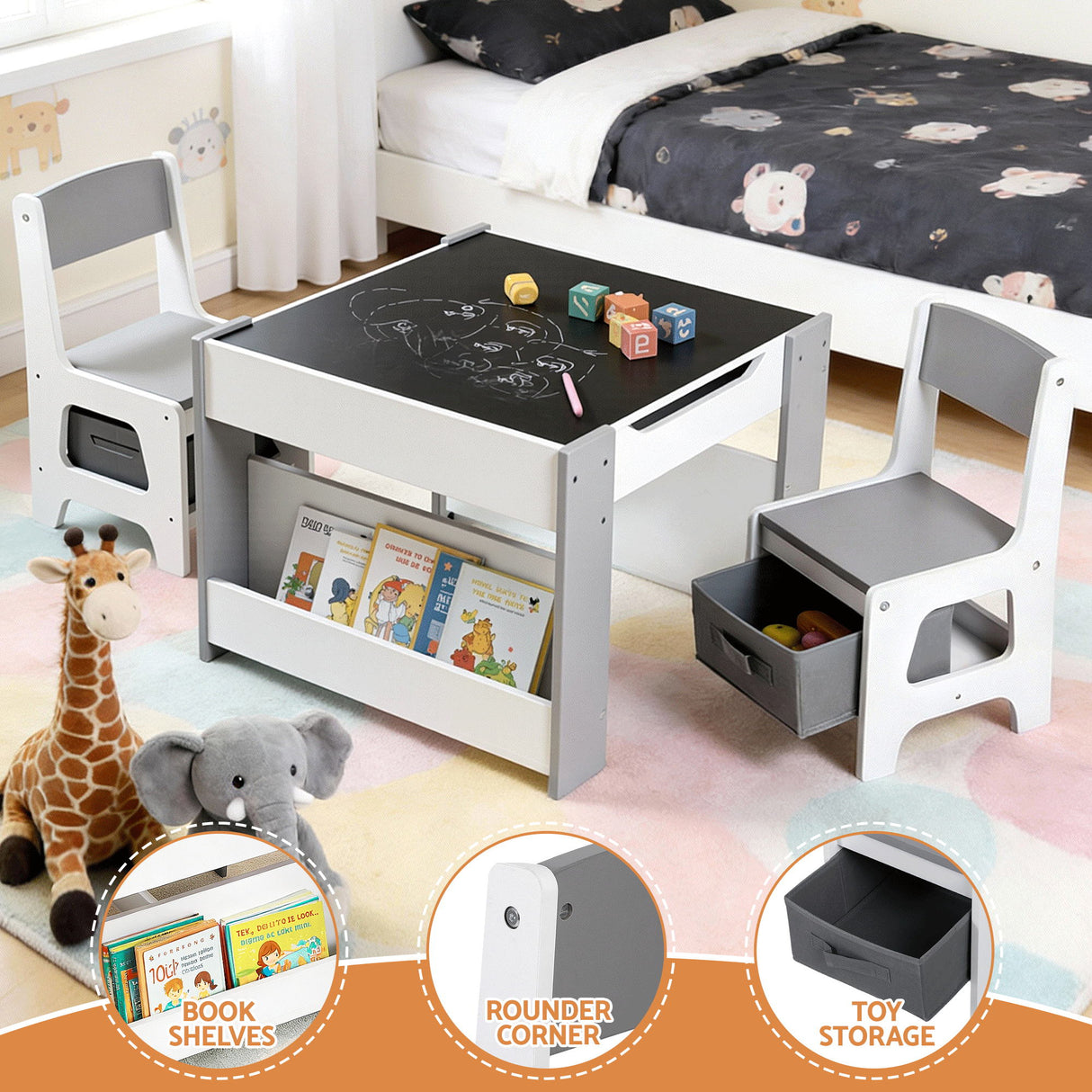 Keezi Kids Table and Chair Set, 4 in 1 Wooden Activity Table with Bookcase, Storage Box and Detachable Blackboard, Toddler Table and 2 Chairs Set,