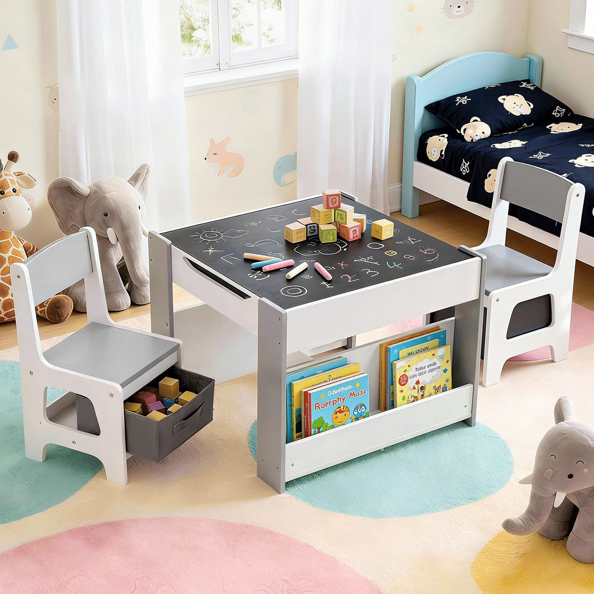 Keezi Kids Table and Chair Set, 4 in 1 Wooden Activity Table with Bookcase, Storage Box and Detachable Blackboard, Toddler Table and 2 Chairs Set,
